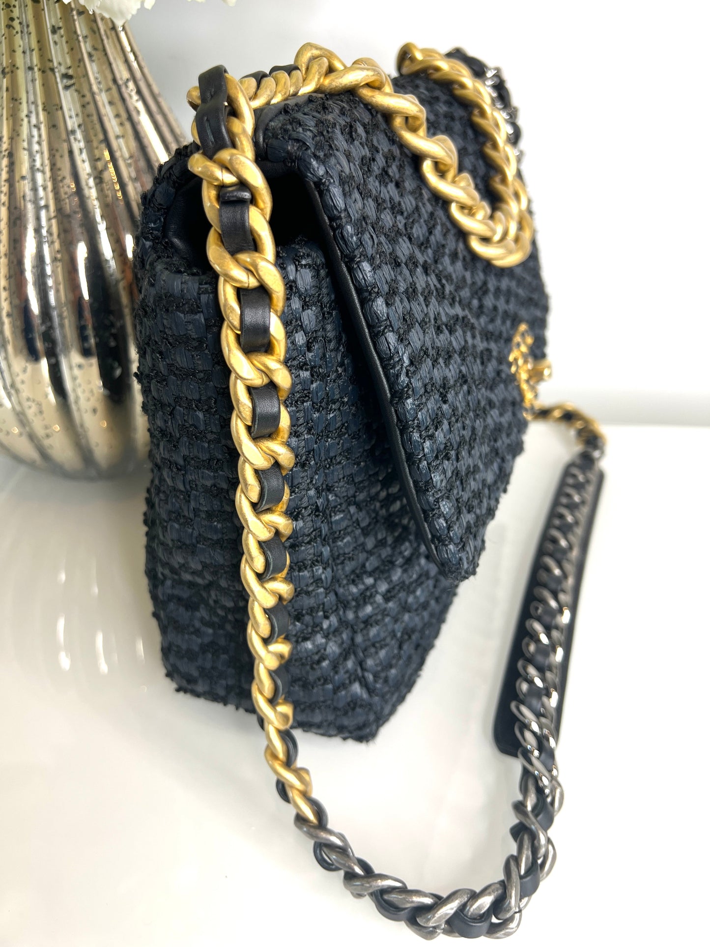 Chanel Preloved Large Chanel 19 Navy Raffia Tweed Flap Bag
