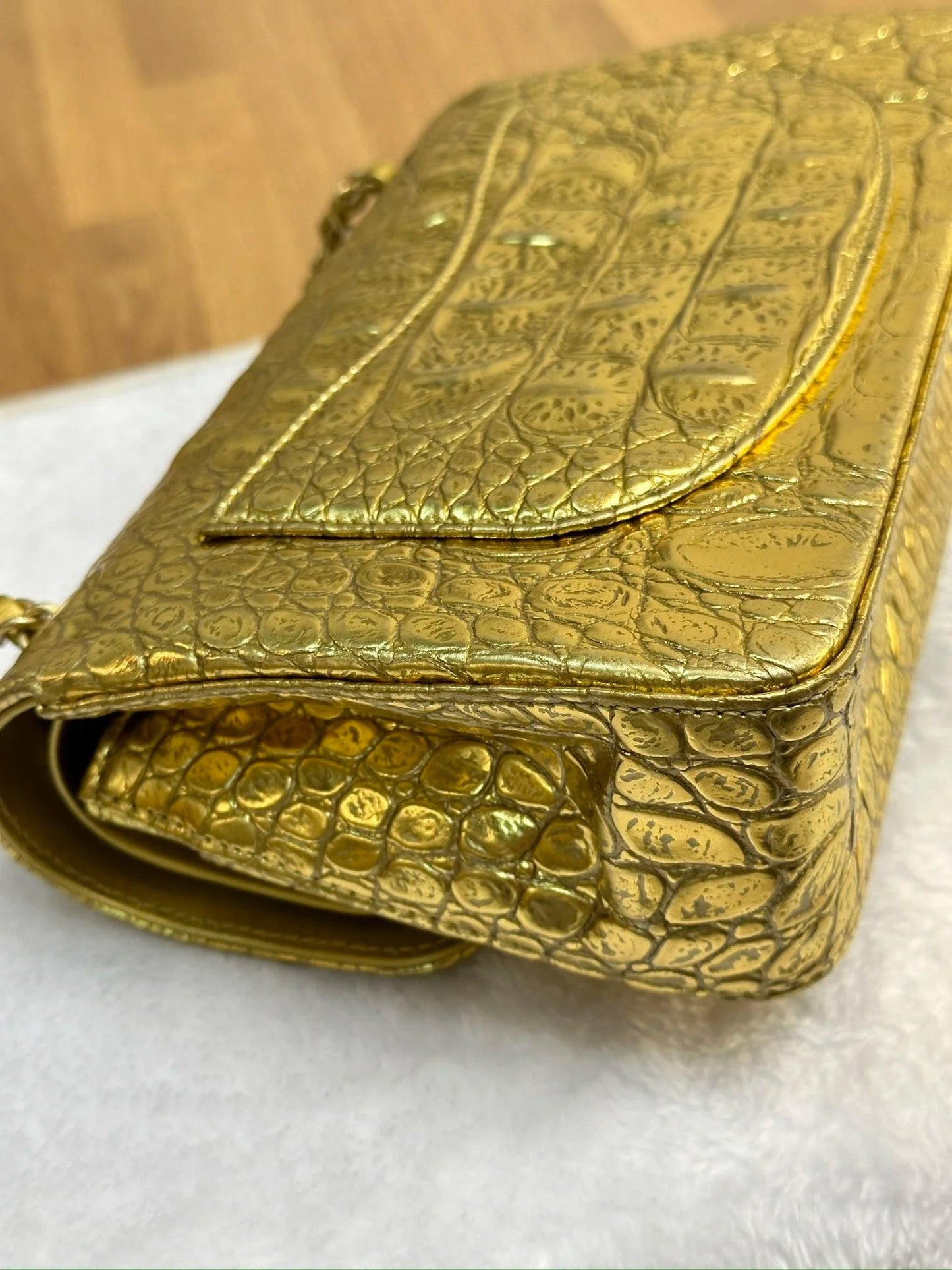 Chanel Medium  Calfskin Crocodile Embossed  Gold Metallic Flap Bag