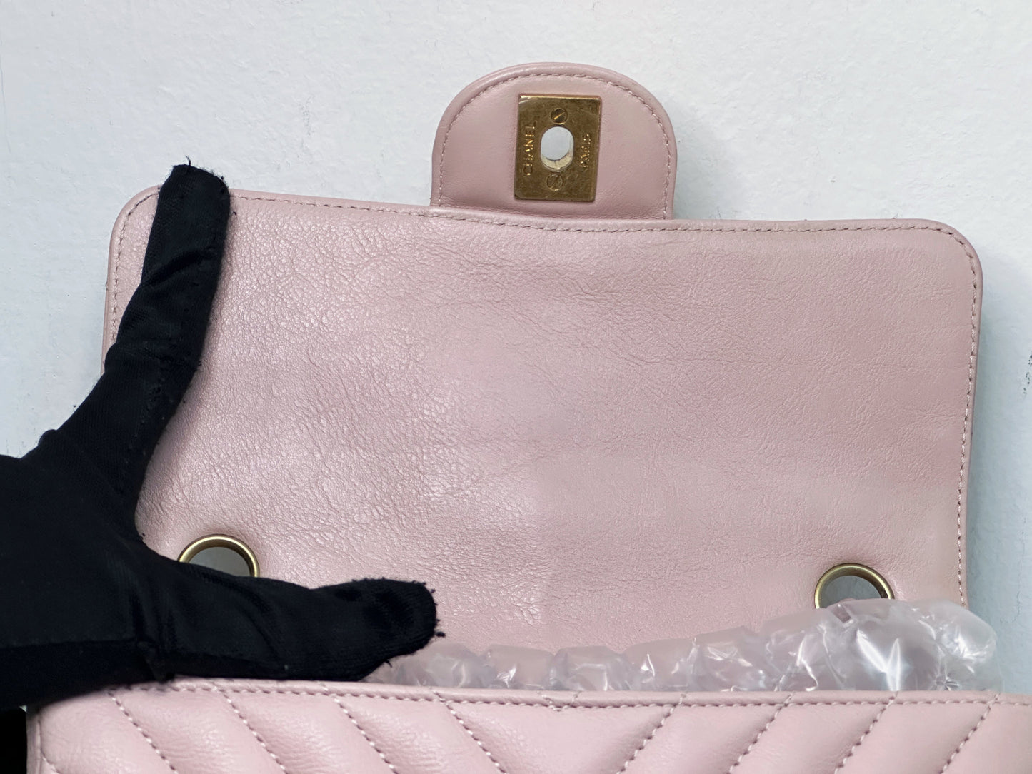 Chanel Classic Mini Rectangular 17C Light Pink Chevron Calfskin with brushed gold hardware ⁣⁣2383 holo card