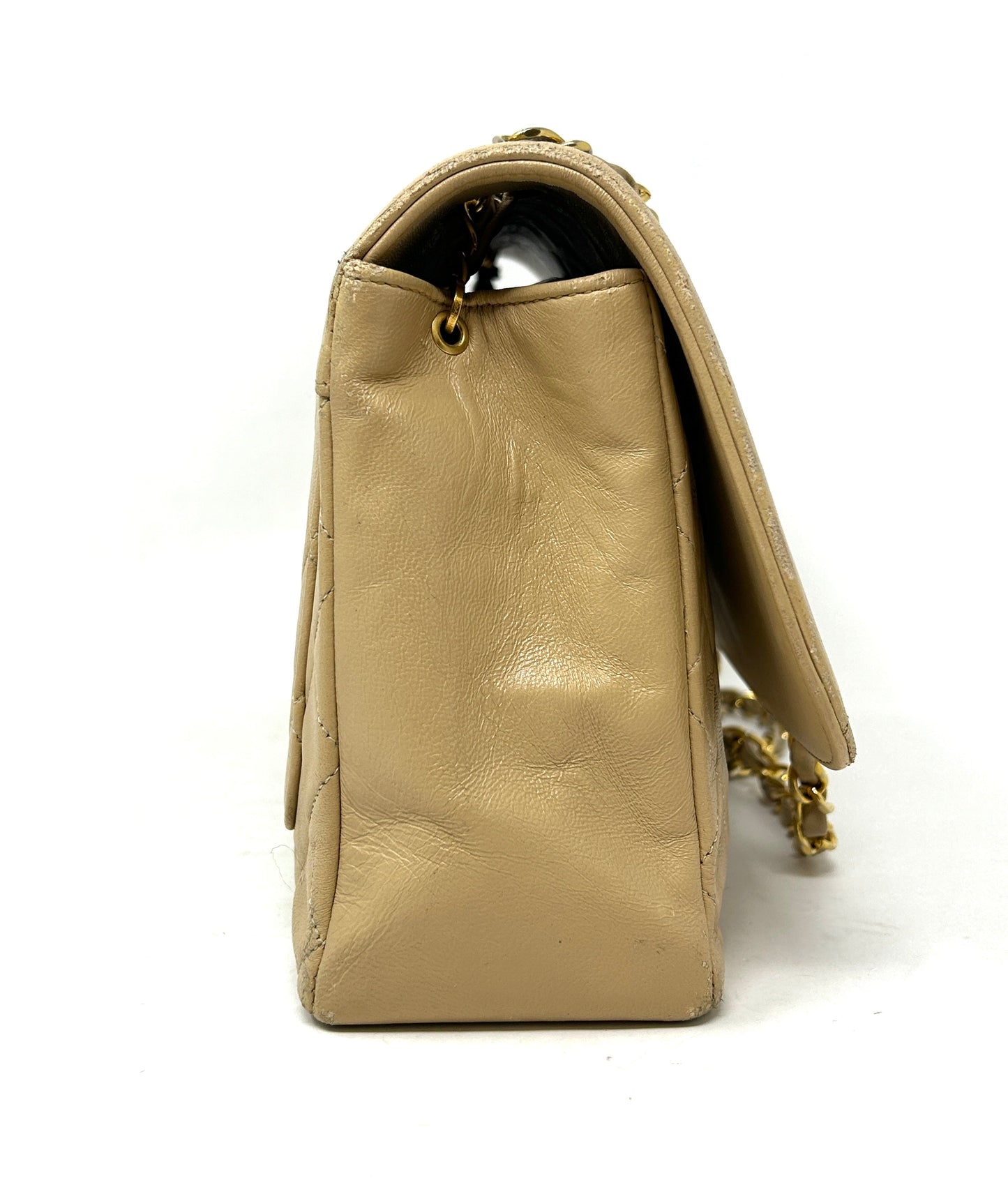 Chanel Beige Quilted Leather CC Logo Flap Shoulder Bag 24K Gold Plated - Preloved