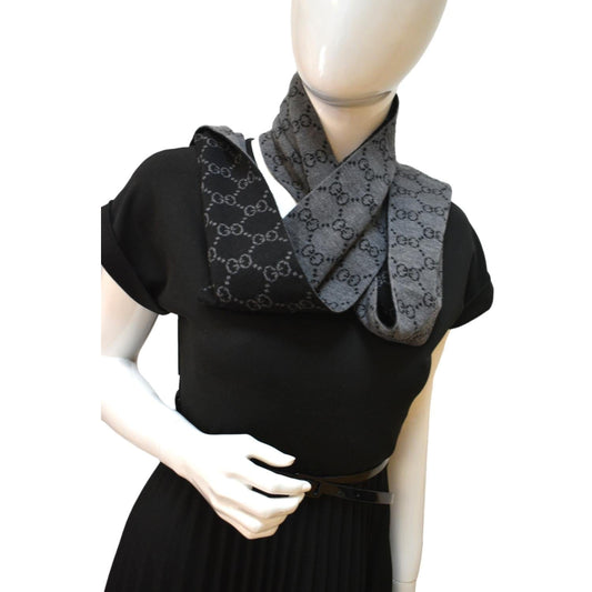 GUCCI GG Logo Wool Scarf Grey Black 325806