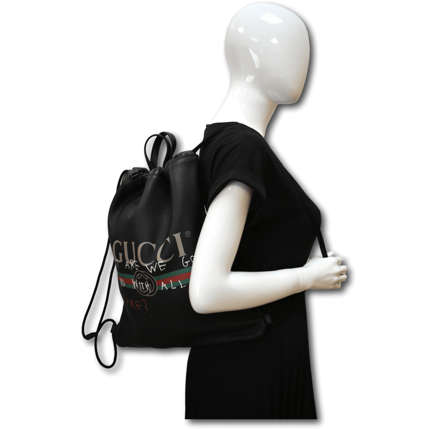GUCCI Drawstring Print Leather Backpack Bag Black 494053