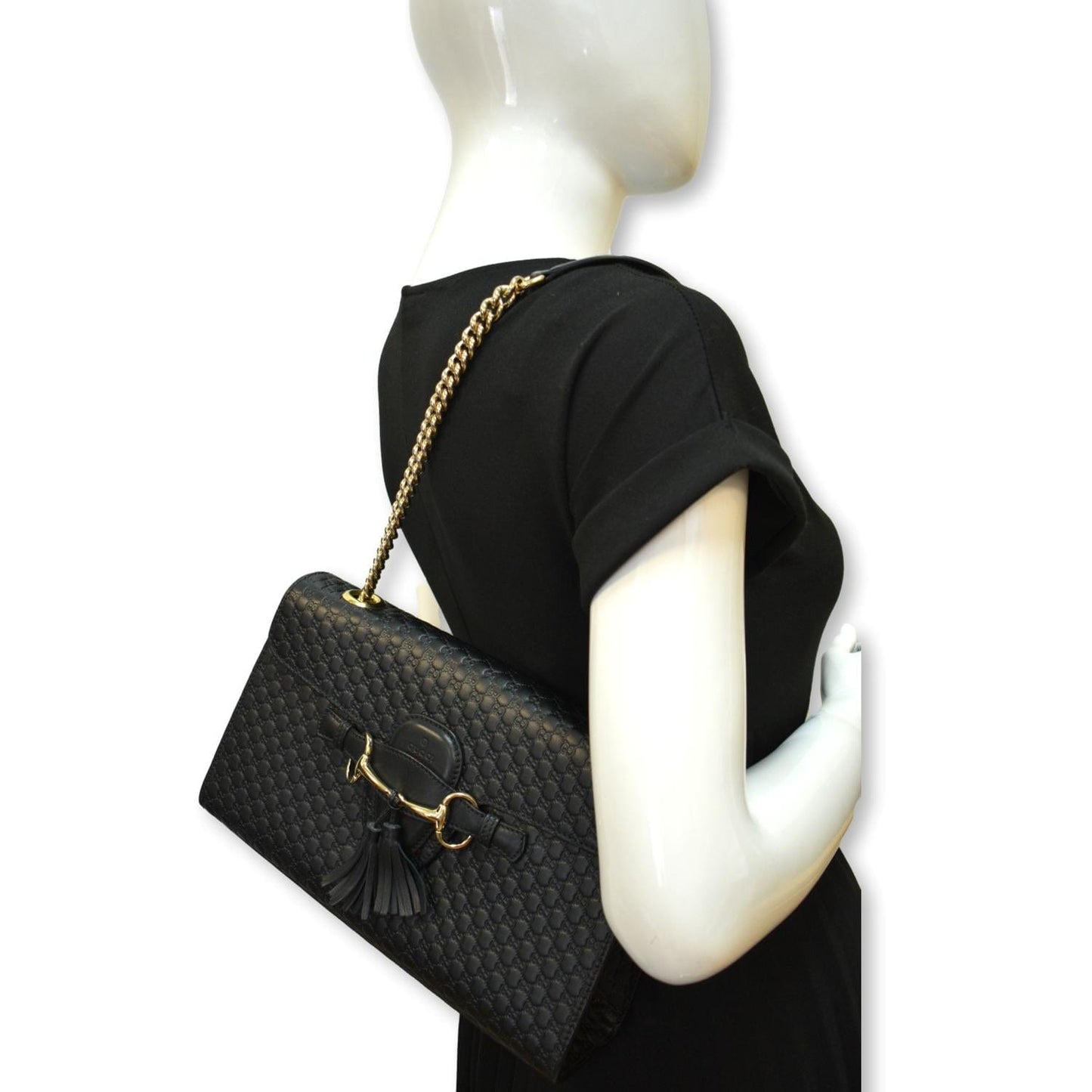 GUCCI Emily Medium GG Guccissima Leather Chain Shoulder Bag 449635 Black