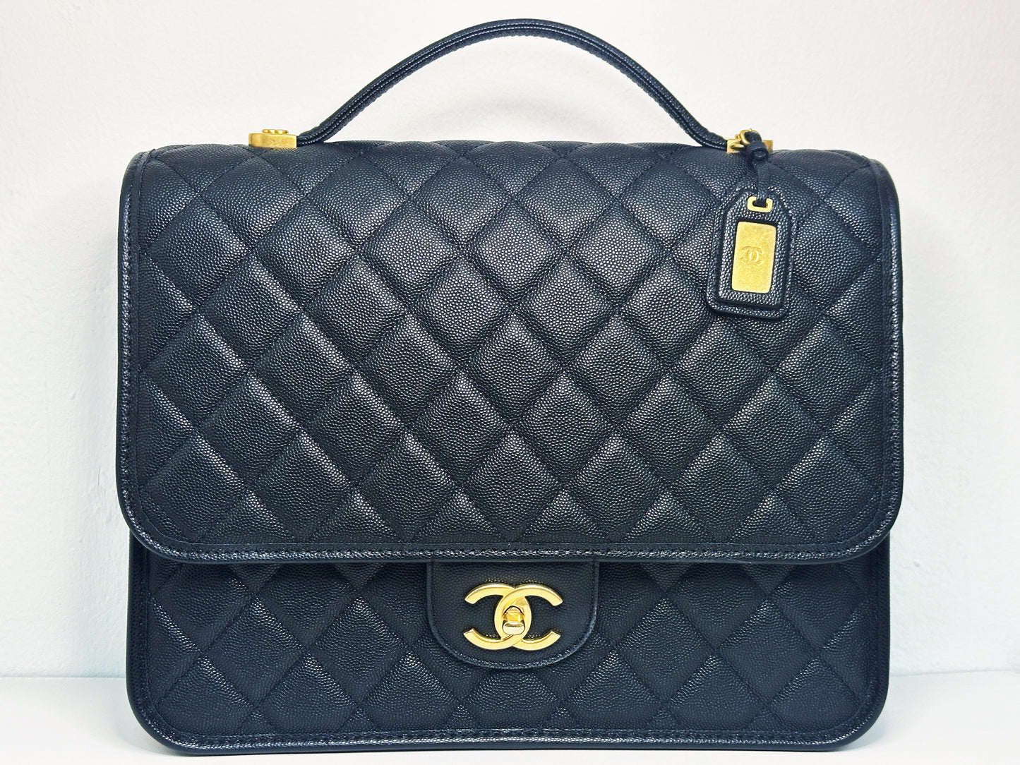 Chanel Caviar Quilted 22k Large School Memory Top Handle Flap Black microchip T076