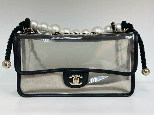 Chanel Medium Lambskin CoCo Sand PVC Sand By The Sea Flap With Pearl Strap Black 2745 holo card