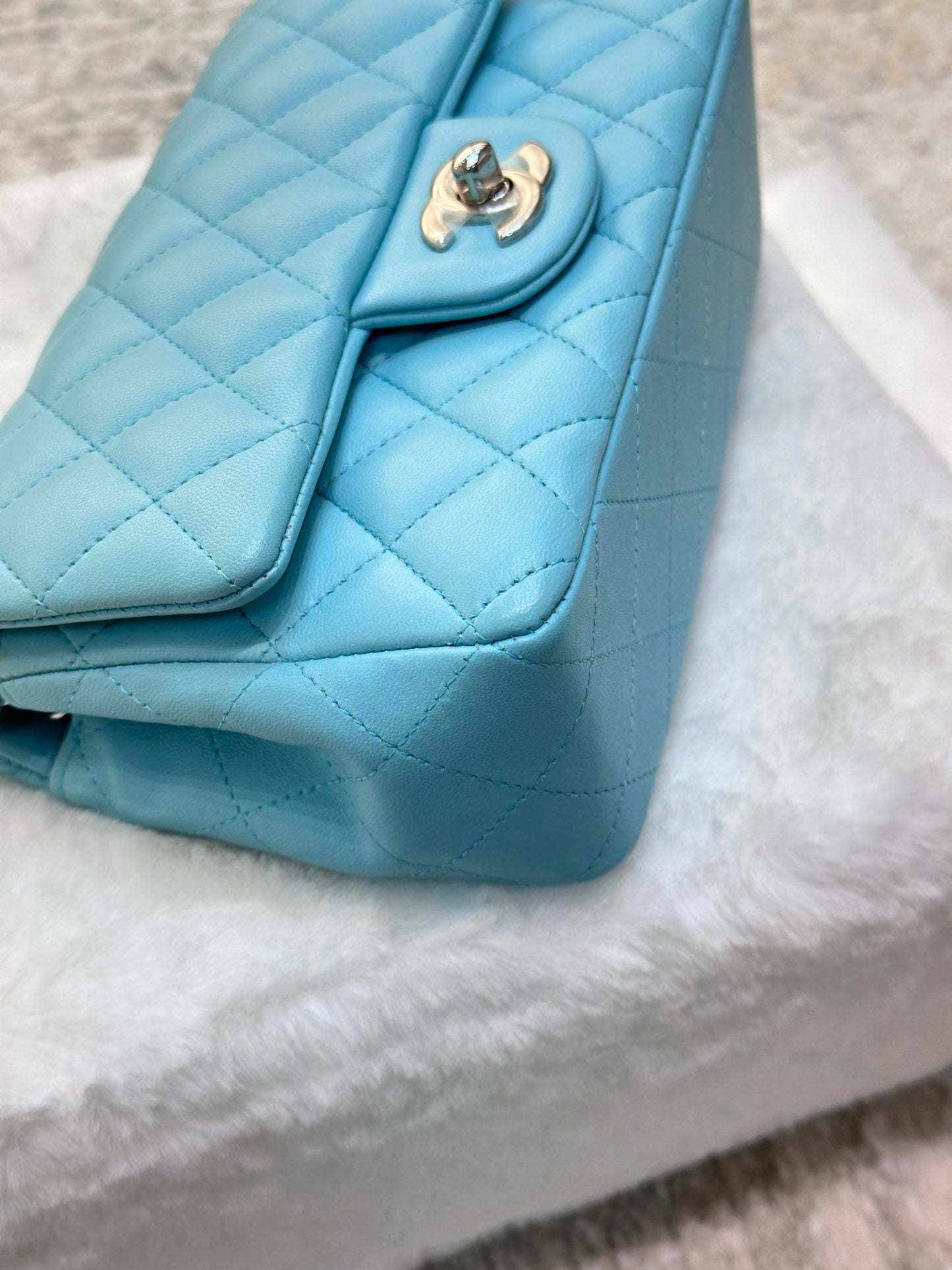 CHANEL 19C Tiffany Lambskin Quilted Mini Rectangular Flap Neon Blue