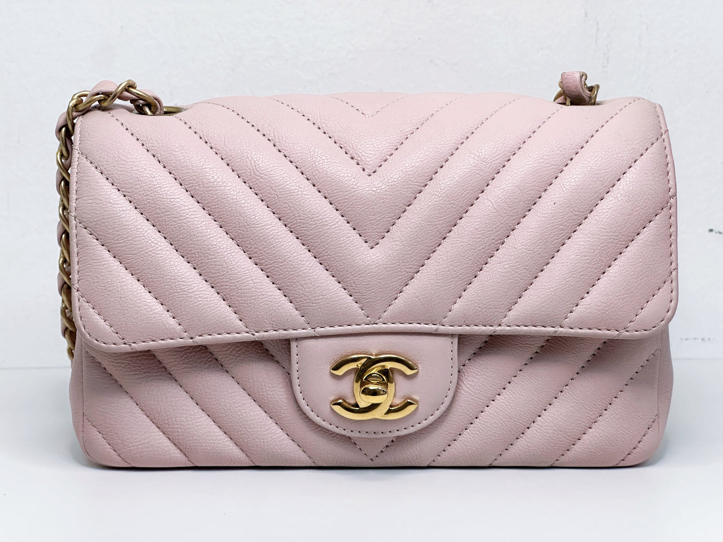 Chanel Classic Mini Rectangular 17C Light Pink Chevron Calfskin with brushed gold hardware ⁣⁣2383 holo card