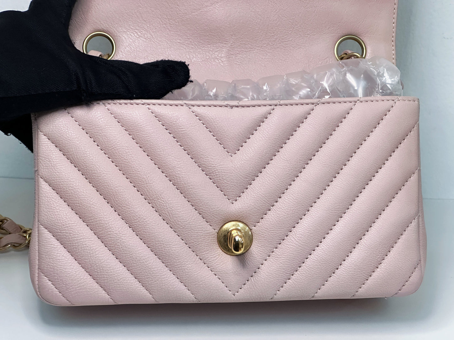 Chanel Classic Mini Rectangular 17C Light Pink Chevron Calfskin with brushed gold hardware ⁣⁣2383 holo card