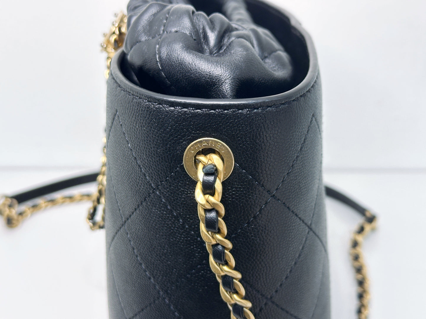 Chanel Drawstring Bucket Bag Quilted Black Caviar Aged Gold Hardware 3088 holo card