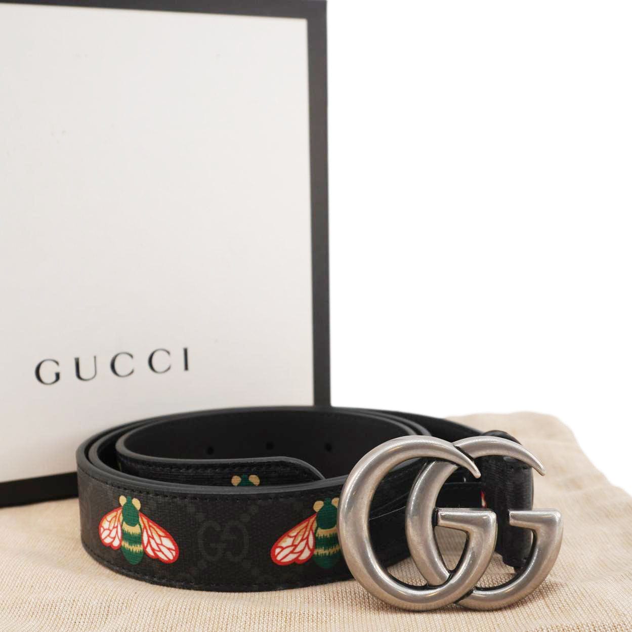 GUCCI Double G Buckle Marmont Bee Print Leather Belt Black 411516 Size 95.38