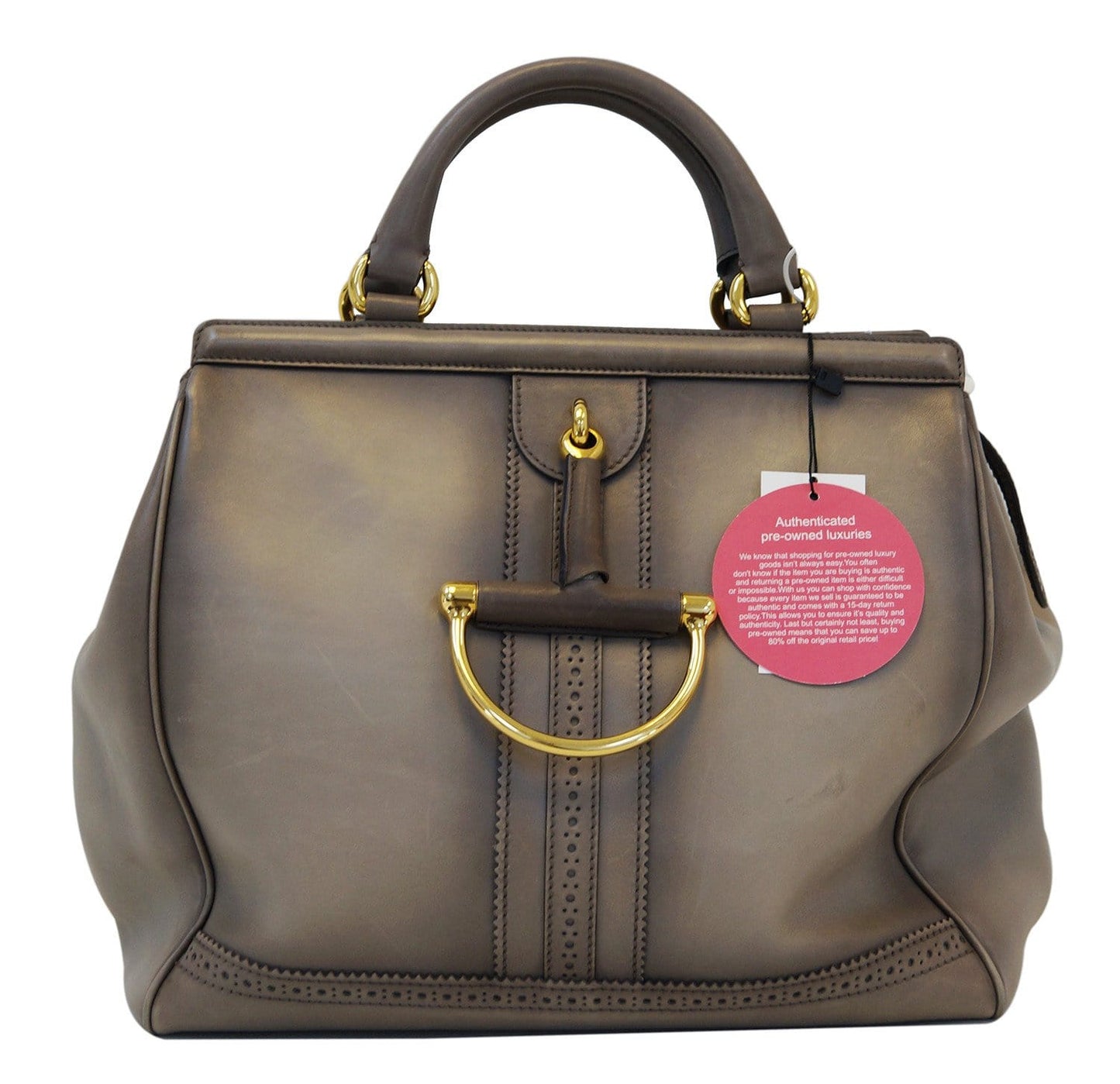 GUCCI Fango Leather Duilio Brogue Taupe Top Handle Bag