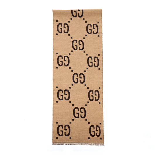 Gucci GG Jacquard Wool Silk Scarf Brown/Beige