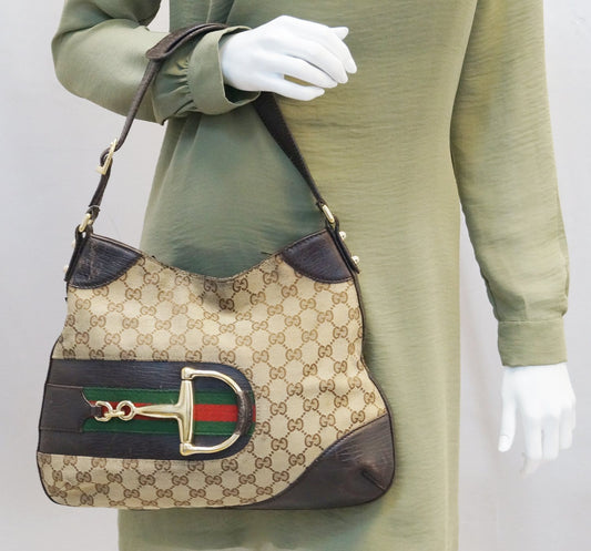 Gucci GG Canvas Beige Ebony Signature Hasler Horsebit Shoulder Bag