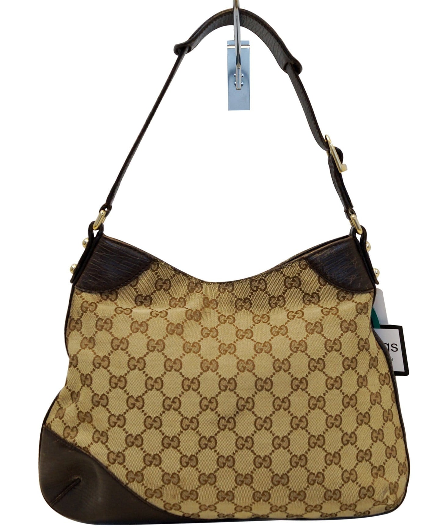 Gucci GG Canvas Beige Ebony Signature Hasler Horsebit Shoulder Bag