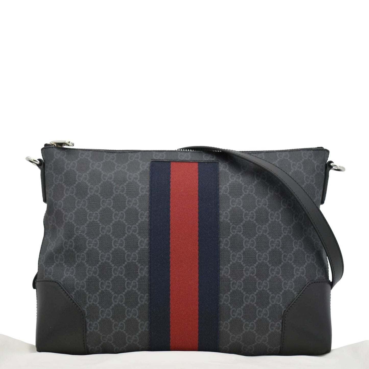 GUCCI East West GG Supreme Web Messenger Bag Black 474139