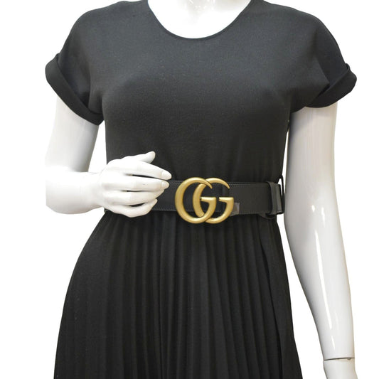 GUCCI Double G Buckle Leather Belt Size 95.38 Black 601254