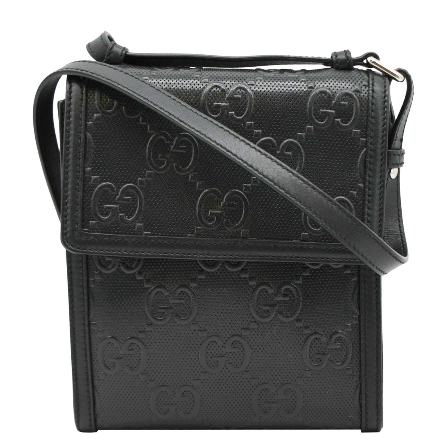 GUCCI GG Embossed Leather Messenger Bag Black 625782