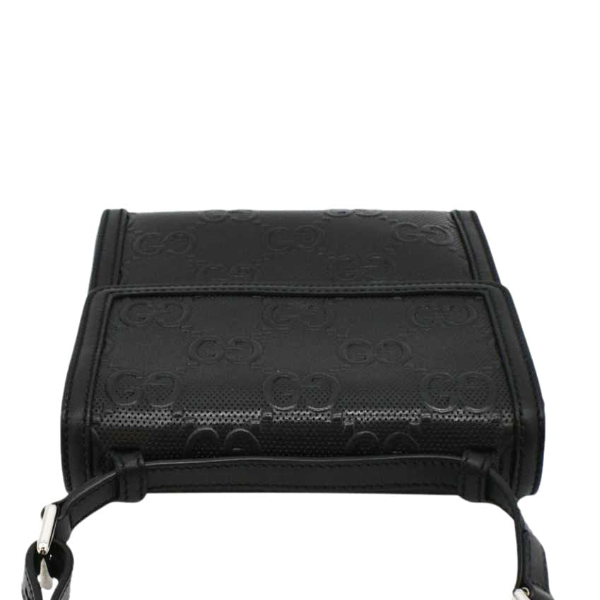 GUCCI GG Embossed Leather Messenger Bag Black 625782