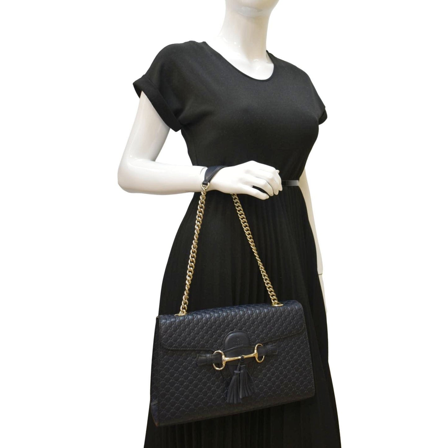 GUCCI Emily Medium GG Leather Chain Shoulder Bag Navy Blue 449635