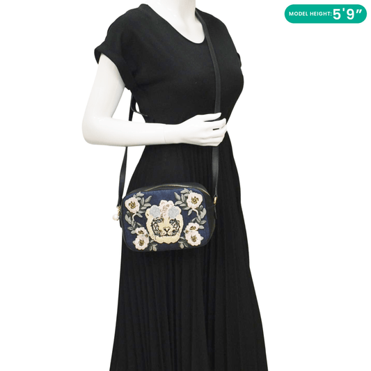 GUCCI Embroidered Denim Camera Crossbody Bag Blue 456547