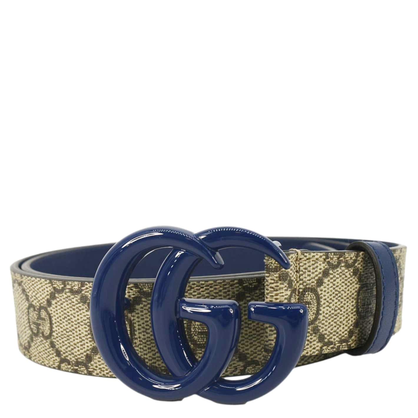 GUCCI GG Buckle Supreme Canvas Leather Belt Size 85.34 Blue 414516