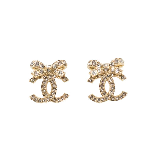 Gold Tone/Crystal Bow CC Stud Earrings