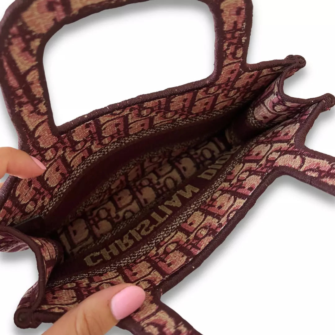 DIOR BURGUNDY CANVAS LEATHER BOOK TOTE MINI