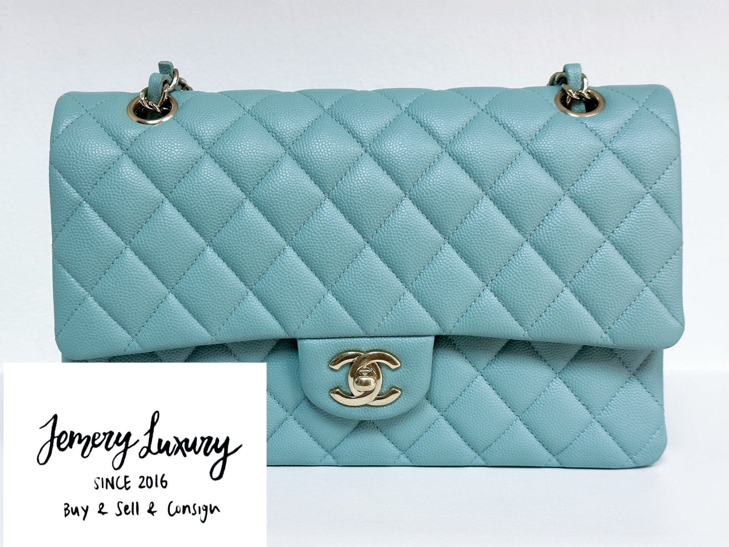 Chanel Classic Flap Medium 20C Tiffany Blue Caviar Light Gold Hardware 2943 holo card