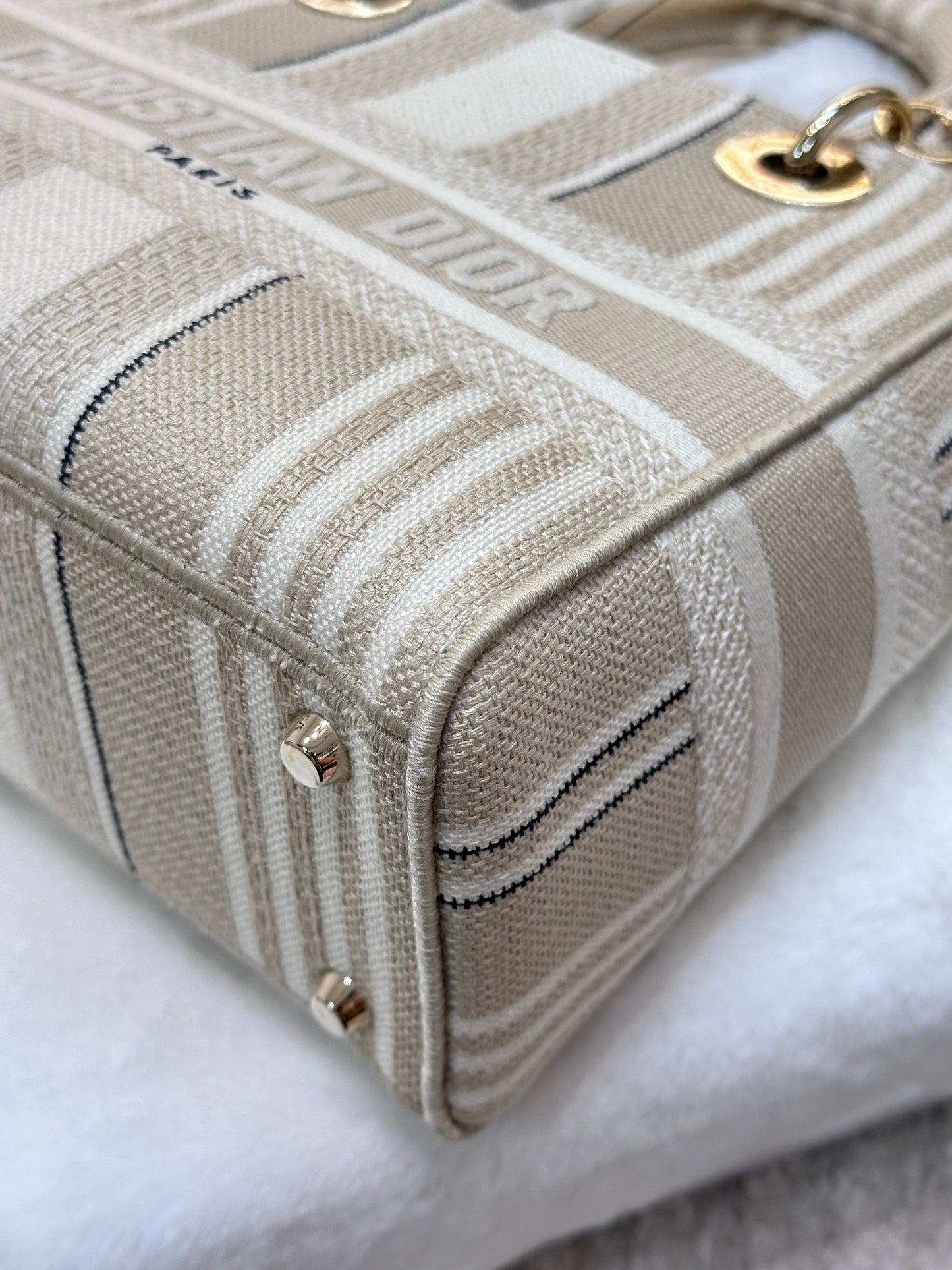 Dior Beige/White Medium Canvas Striped Lady D-Lite