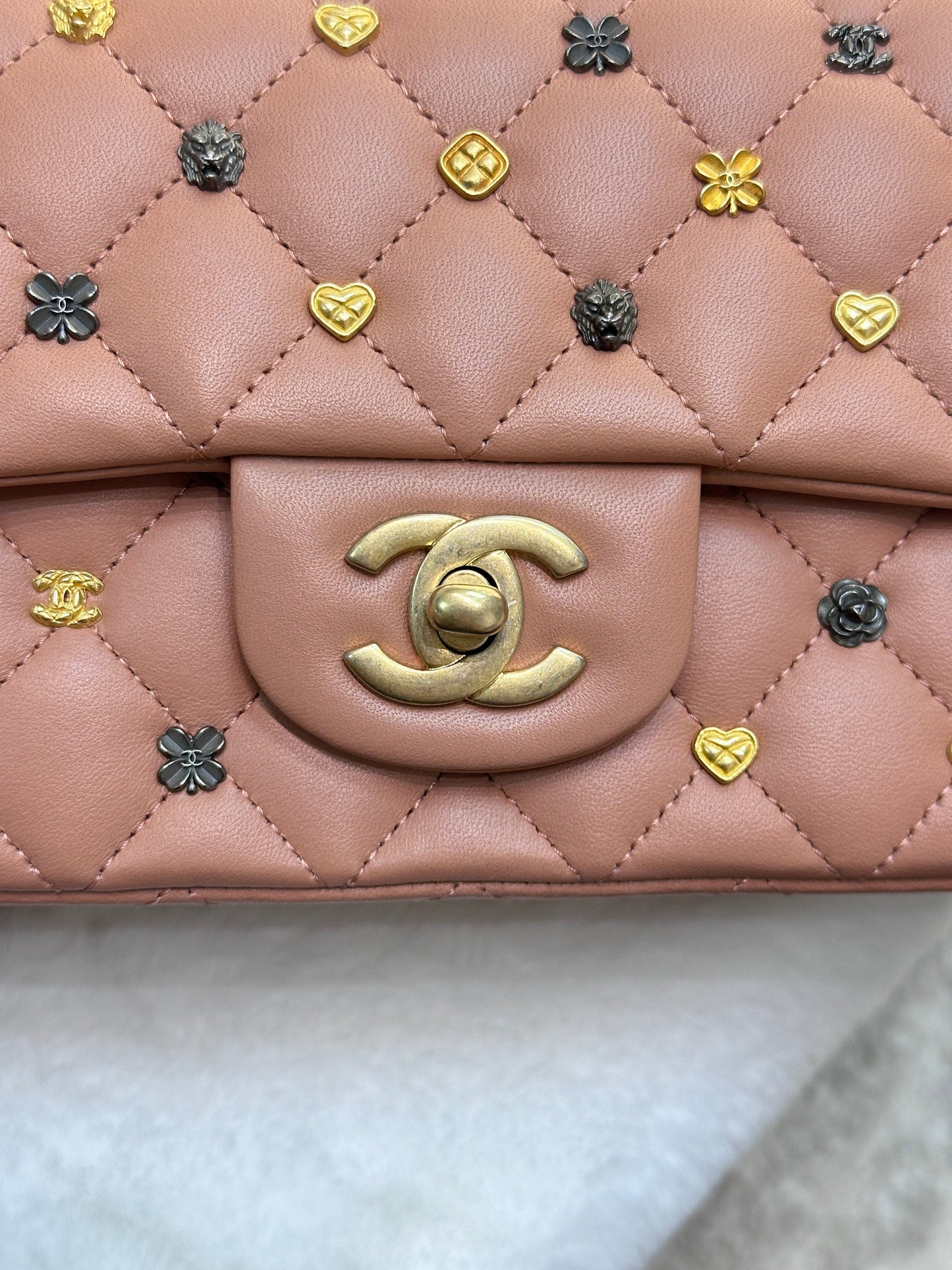 Chanel 2018 Blush Beige Mini Flap Bag with Lucky Charms Stud Embellishment