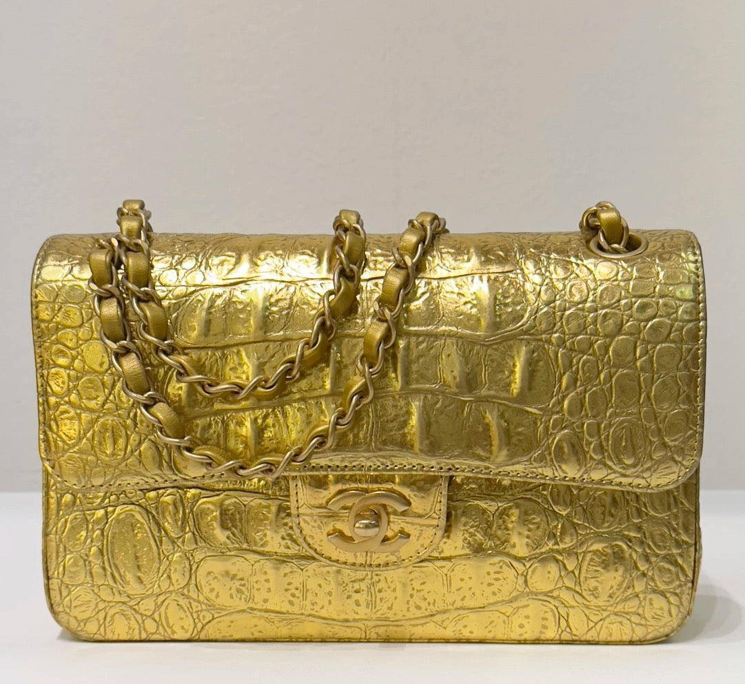 Chanel Medium  Calfskin Crocodile Embossed  Gold Metallic Flap Bag