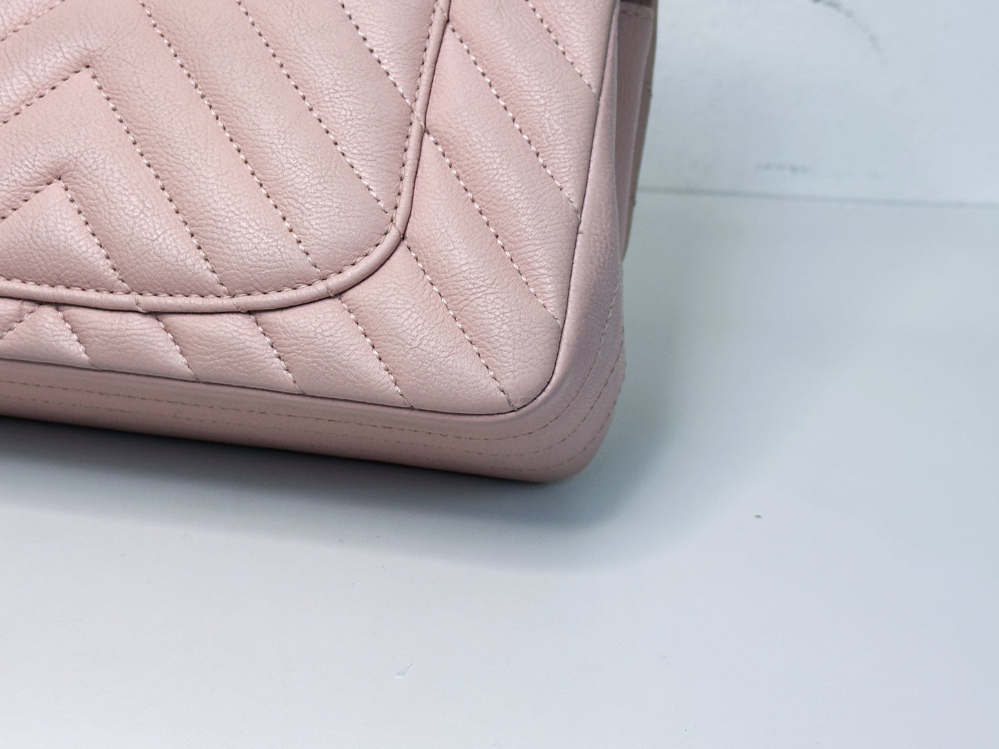 Chanel Classic Mini Rectangular 17C Light Pink Chevron Calfskin with brushed gold hardware ⁣⁣2383 holo card