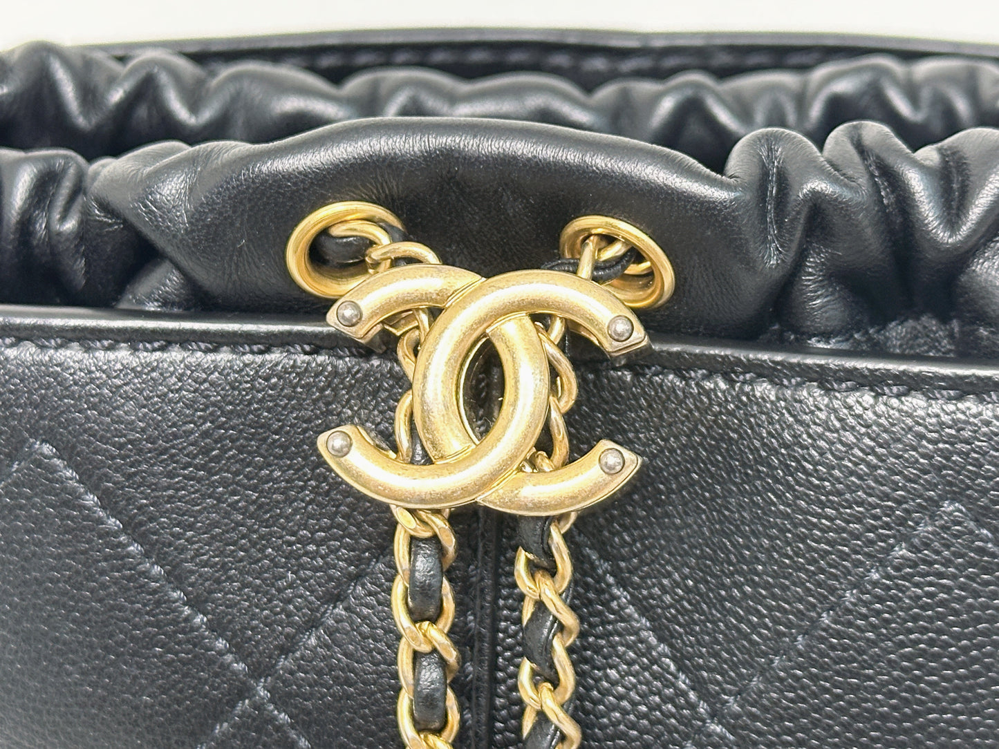 Chanel Drawstring Bucket Bag Quilted Black Caviar Aged Gold Hardware 3088 holo card