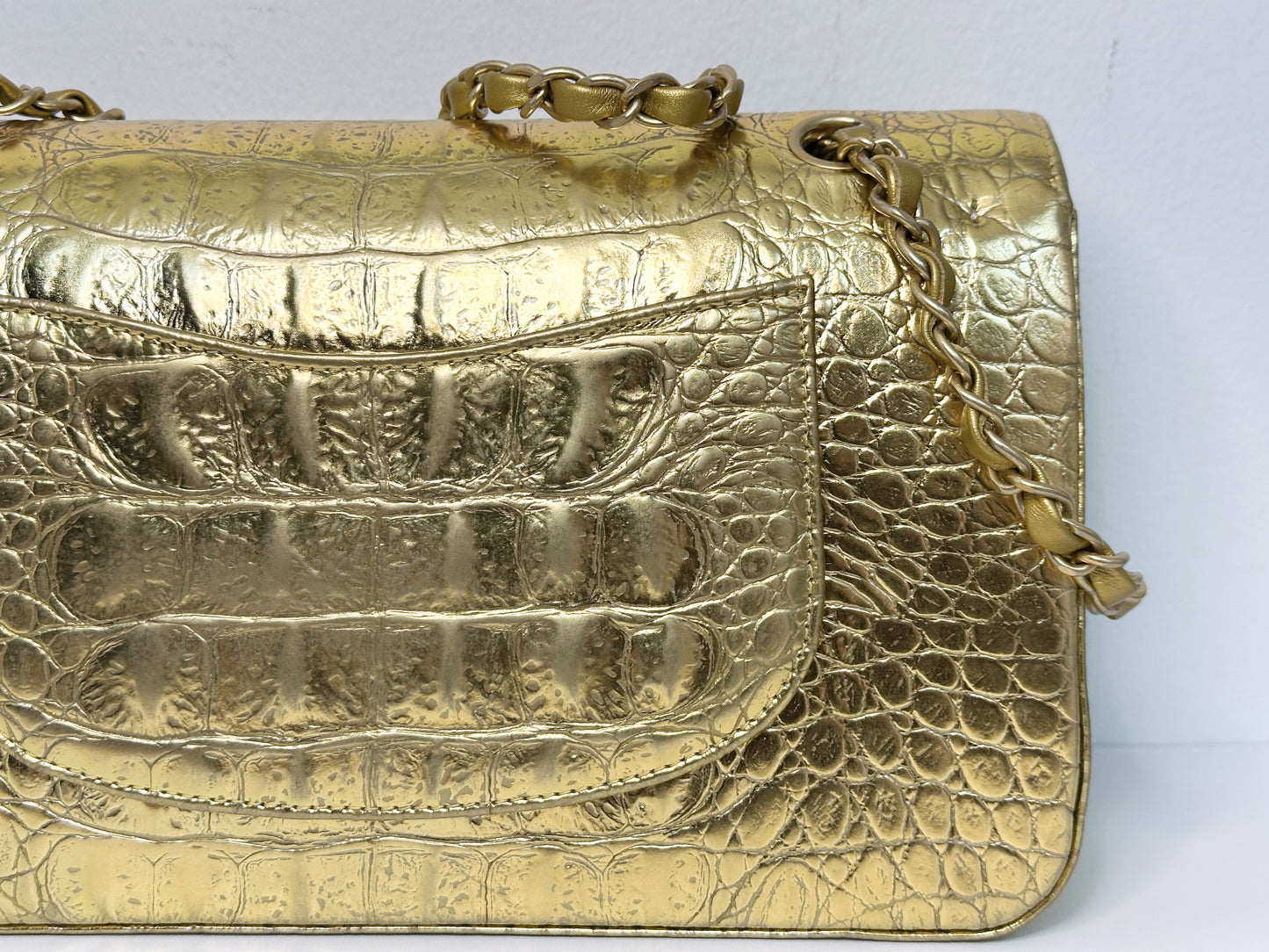 Chanel 19A Medium Calfskin Crocodile Embossed Gold Metallic Flap Bag 2803 holo card