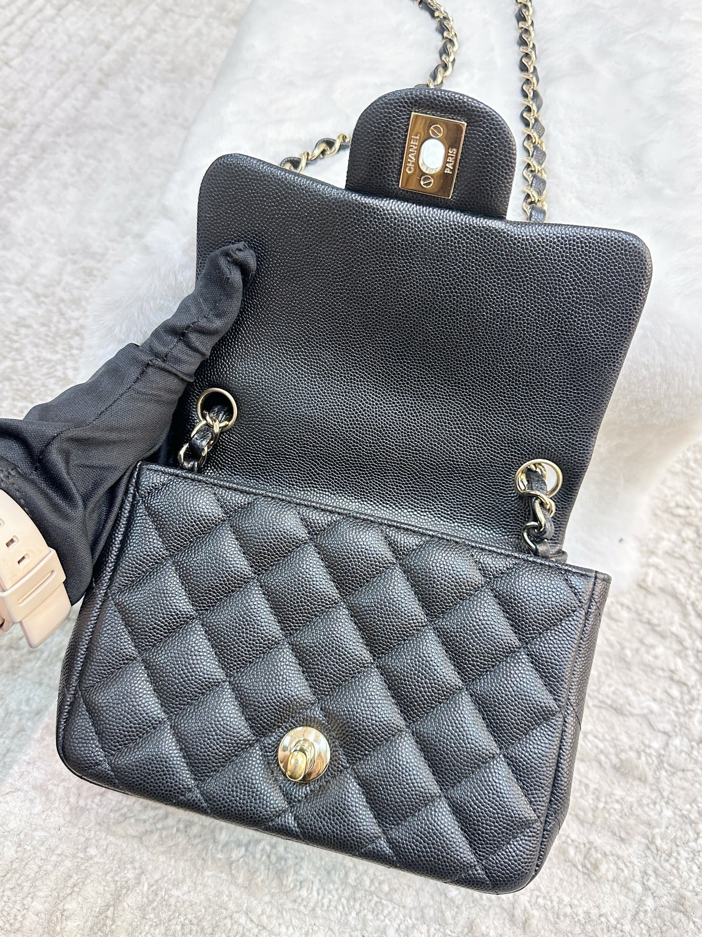 Chanel Black Mini Square Caviar Flap Bag Gold Hardware