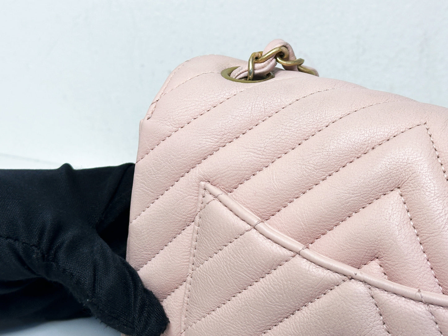 Chanel Classic Mini Rectangular 17C Light Pink Chevron Calfskin with brushed gold hardware ⁣⁣2383 holo card