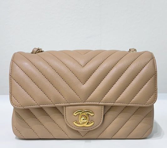 Chanel Mini Rectangular Calfskin Chevron Quilted Flap Dark Beige