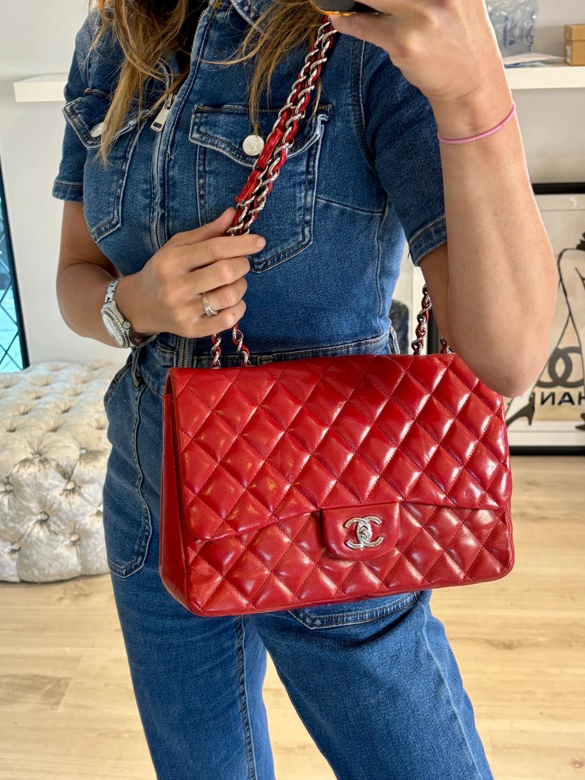 RESERVED  for 24 hrs - Chanel Jumbo Red Lambskin Classic Single Flap Shoulder Bag - Preloved