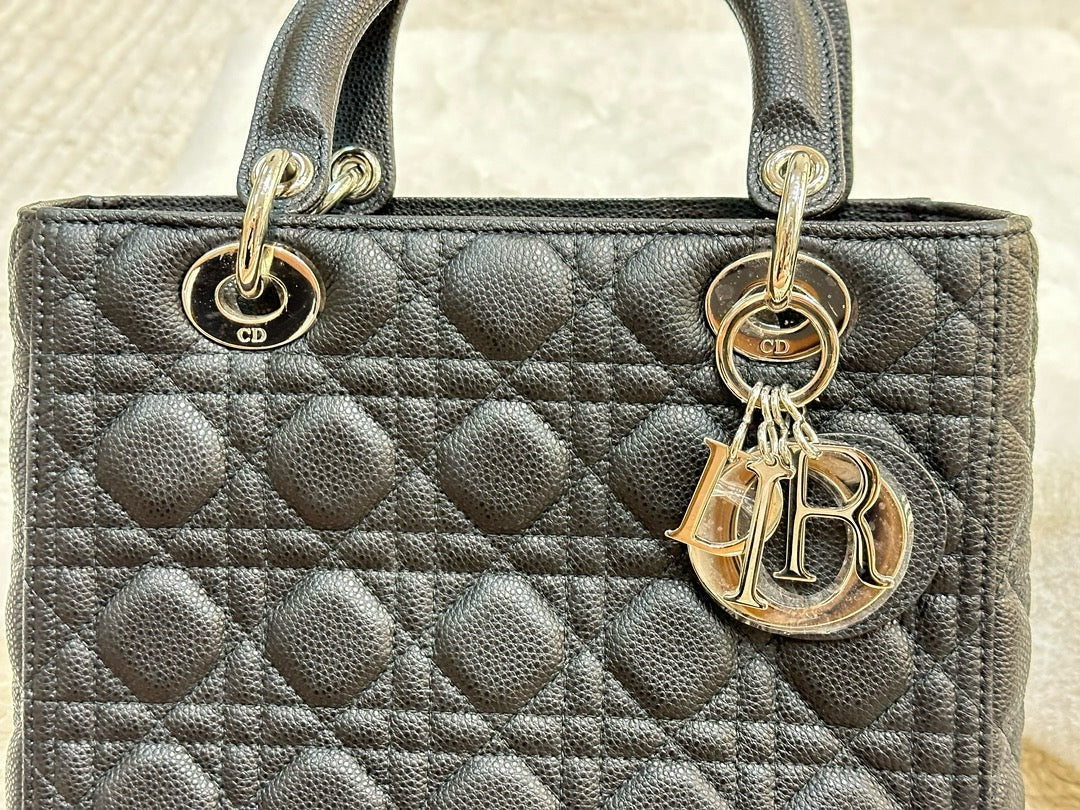 Christian Dior Medium Grained Cannage Calfskin Lady Dior Bag Black SHW