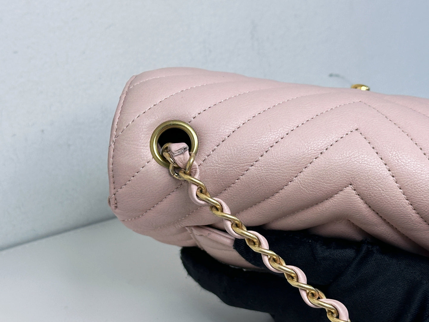 Chanel Classic Mini Rectangular 17C Light Pink Chevron Calfskin with brushed gold hardware ⁣⁣2383 holo card