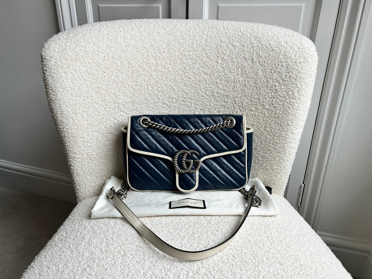 Gucci GG Navy and White Torchon Marmont Small Shoulder Bag