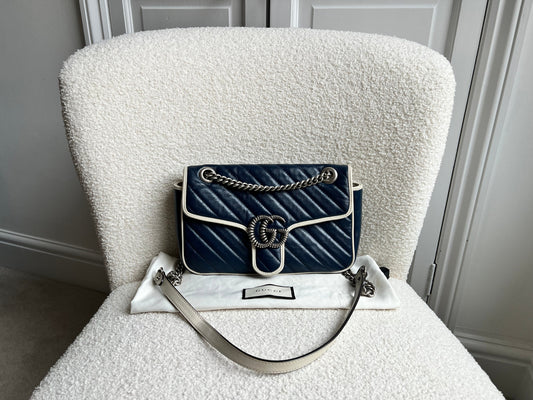 Gucci GG Navy and White Torchon Marmont Small Shoulder Bag