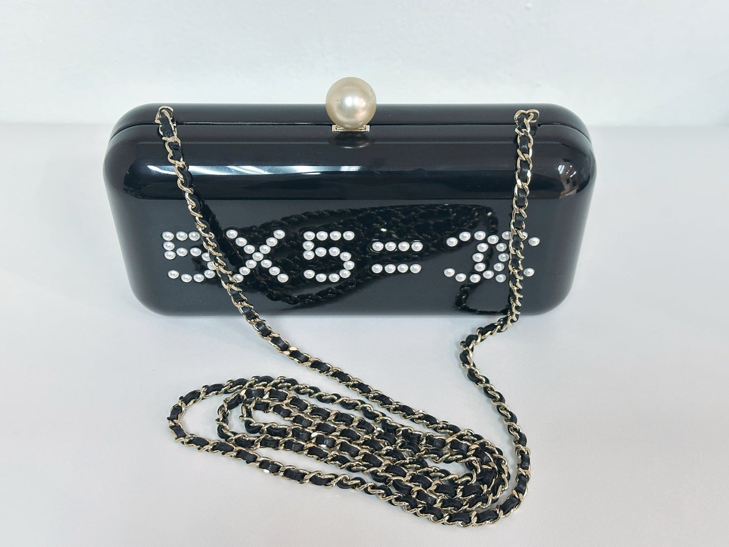 Chanel 2015 Votez Coco Black Pearl Plexiglass Minaudiere Evening Clutch Bag