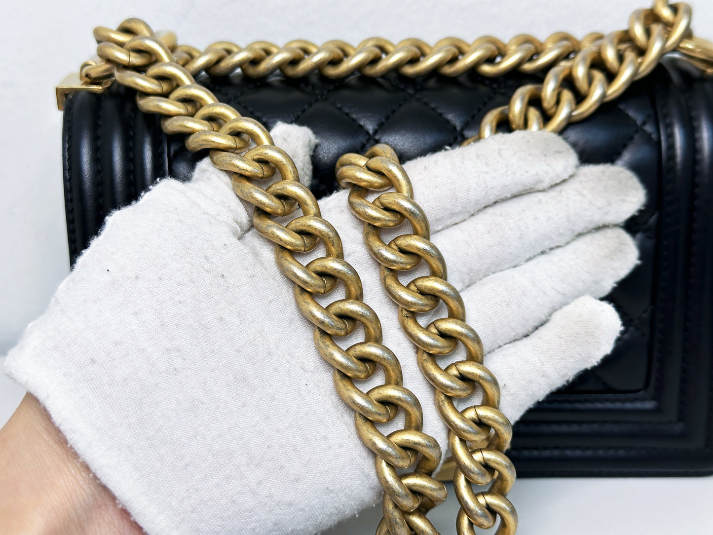 CHANEL SMALL BOY BAG CAVIAR BLACK GHW 2457 holo card