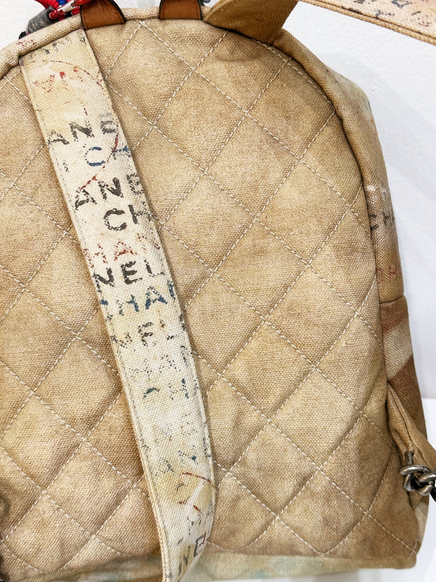 Chanel Graffiti Printed Canvas Medium Backpack Beige 1958 holo card