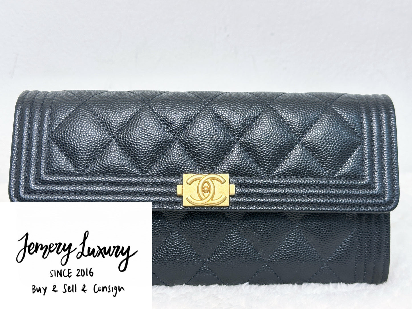 CHANEL Black Quilted Caviar Large Boy Gusset Flap Wallet 3199 holo card