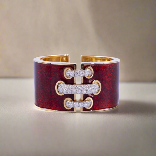 Estate Jewelry David Webb Red Enamel Diamond Gold Platinum Shoelace Cuff