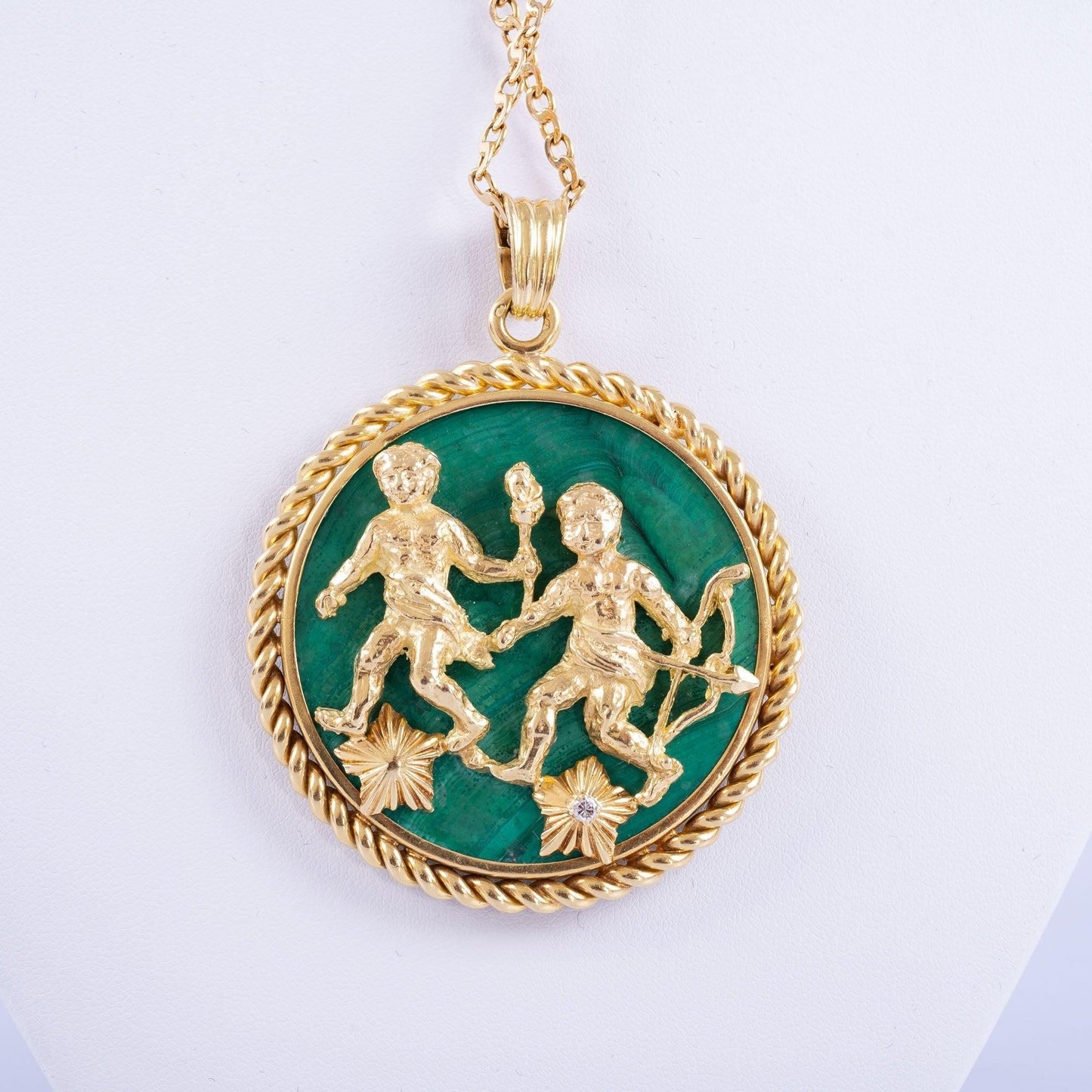 Estate Jewelry Van Cleef & Arpels Gemini 18K Gold Malachite Pendant Necklace, Circa 1950S-60S