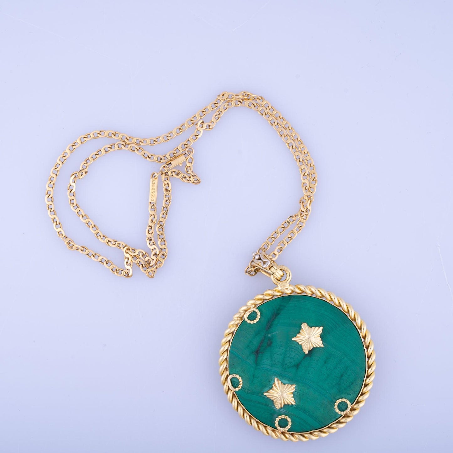 Estate Jewelry Van Cleef & Arpels Gemini 18K Gold Malachite Pendant Necklace, Circa 1950S-60S