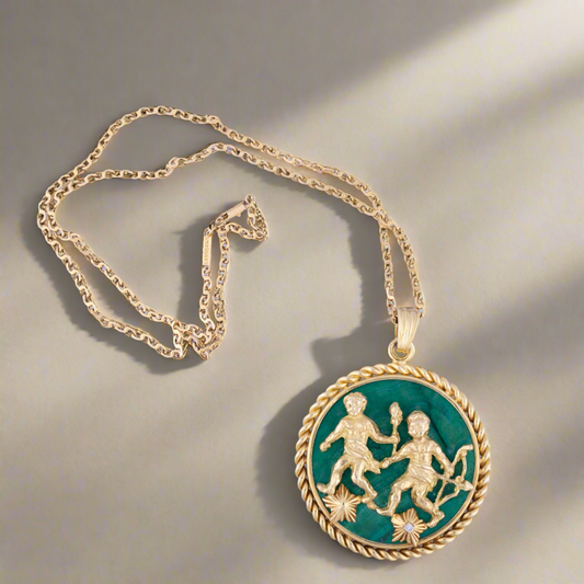 Estate Jewelry Van Cleef & Arpels Gemini 18K Gold Malachite Pendant Necklace, Circa 1950S-60S
